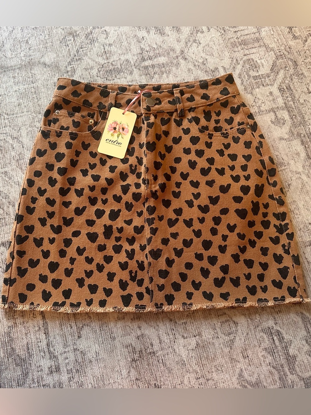 entro Brown Mini Skirt with Black Heart Print